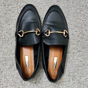 Black Almond Toe Loafer Flat with Gold Embellishments